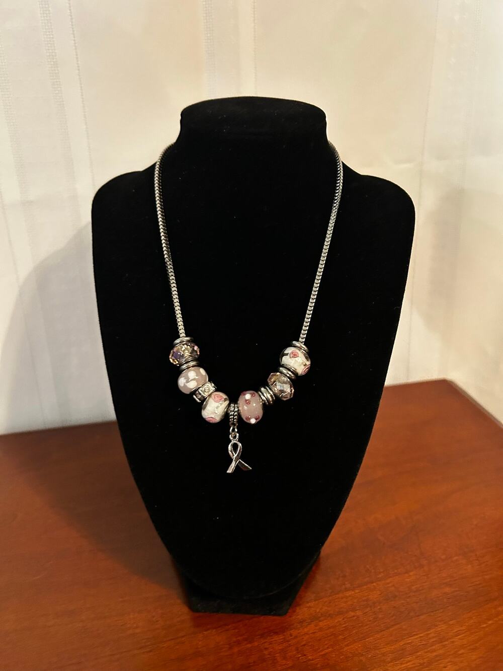Vintage Pink Floral Murano Glass Bead Necklace Crystal Spacers Box Chain 16"